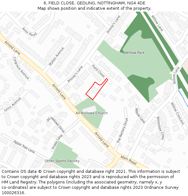 6, FIELD CLOSE, GEDLING, NOTTINGHAM, NG4 4DE: Location map and indicative extent of plot