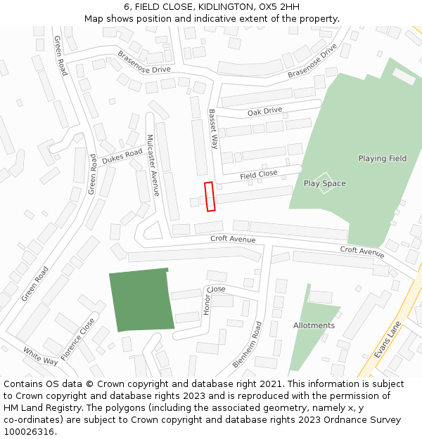 6, FIELD CLOSE, KIDLINGTON, OX5 2HH: Location map and indicative extent of plot