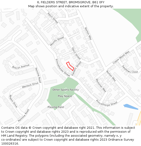 6, FIELDERS STREET, BROMSGROVE, B61 0FY: Location map and indicative extent of plot