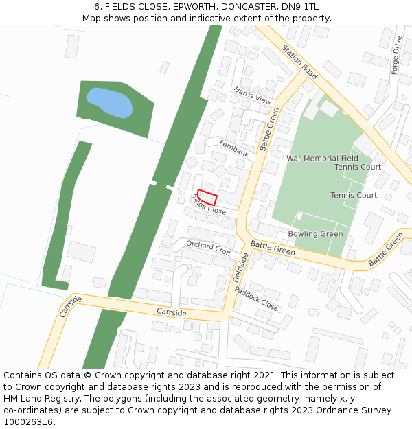 6, FIELDS CLOSE, EPWORTH, DONCASTER, DN9 1TL: Location map and indicative extent of plot