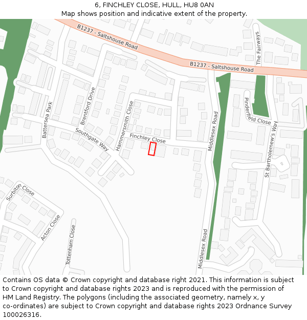 6, FINCHLEY CLOSE, HULL, HU8 0AN: Location map and indicative extent of plot