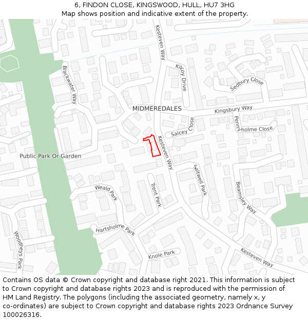 6, FINDON CLOSE, KINGSWOOD, HULL, HU7 3HG: Location map and indicative extent of plot