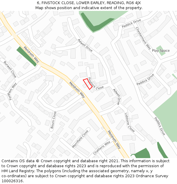 6, FINSTOCK CLOSE, LOWER EARLEY, READING, RG6 4JX: Location map and indicative extent of plot