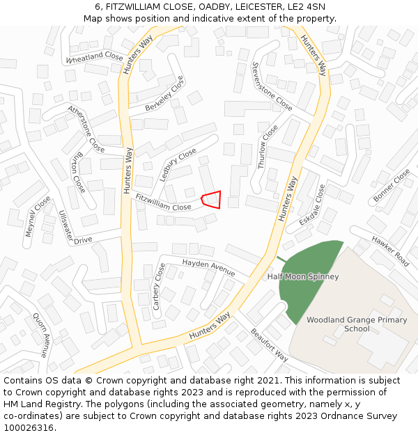 6, FITZWILLIAM CLOSE, OADBY, LEICESTER, LE2 4SN: Location map and indicative extent of plot