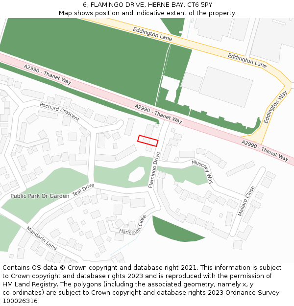 6, FLAMINGO DRIVE, HERNE BAY, CT6 5PY: Location map and indicative extent of plot