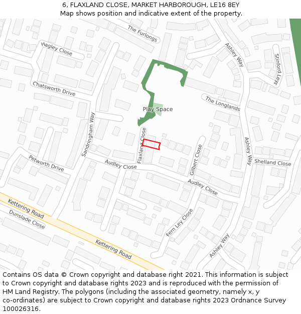 6, FLAXLAND CLOSE, MARKET HARBOROUGH, LE16 8EY: Location map and indicative extent of plot