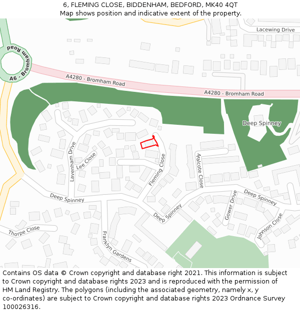 6, FLEMING CLOSE, BIDDENHAM, BEDFORD, MK40 4QT: Location map and indicative extent of plot