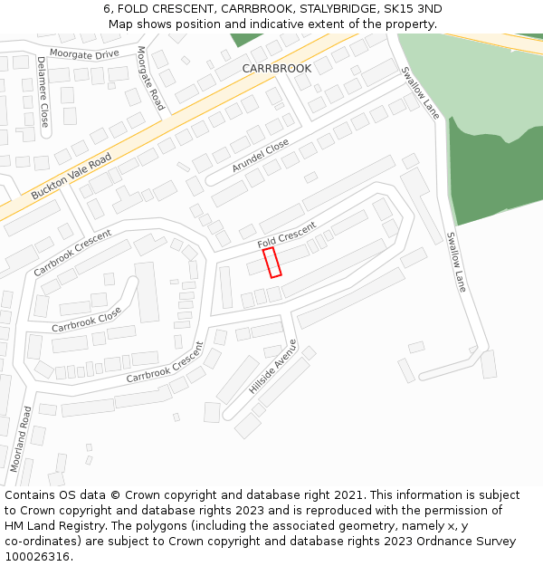 6, FOLD CRESCENT, CARRBROOK, STALYBRIDGE, SK15 3ND: Location map and indicative extent of plot