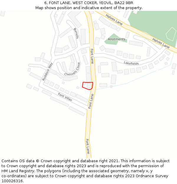 6, FONT LANE, WEST COKER, YEOVIL, BA22 9BR: Location map and indicative extent of plot