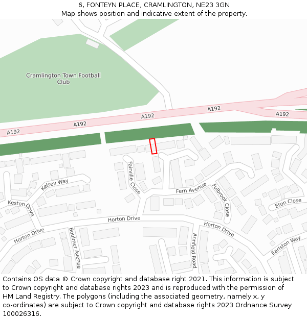 6, FONTEYN PLACE, CRAMLINGTON, NE23 3GN: Location map and indicative extent of plot