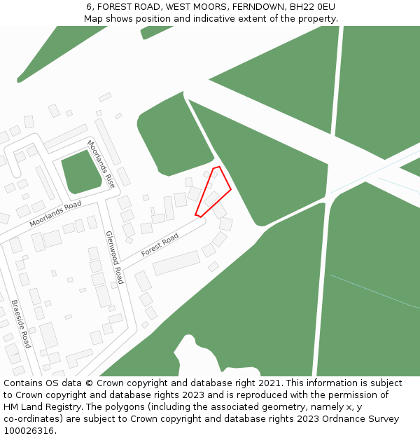 6, FOREST ROAD, WEST MOORS, FERNDOWN, BH22 0EU: Location map and indicative extent of plot