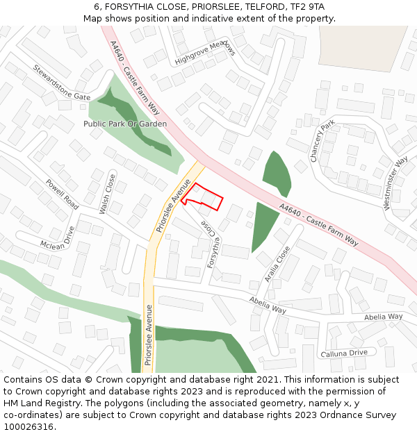 6, FORSYTHIA CLOSE, PRIORSLEE, TELFORD, TF2 9TA: Location map and indicative extent of plot