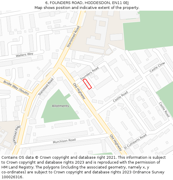 6, FOUNDERS ROAD, HODDESDON, EN11 0EJ: Location map and indicative extent of plot