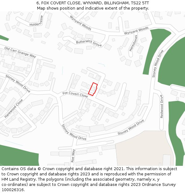 6, FOX COVERT CLOSE, WYNYARD, BILLINGHAM, TS22 5TT: Location map and indicative extent of plot