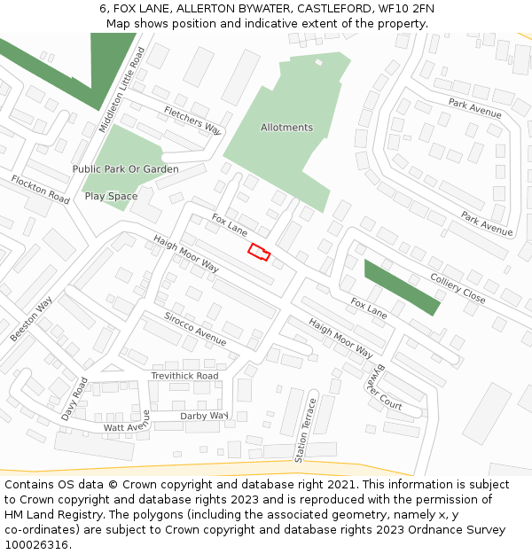 6, FOX LANE, ALLERTON BYWATER, CASTLEFORD, WF10 2FN: Location map and indicative extent of plot