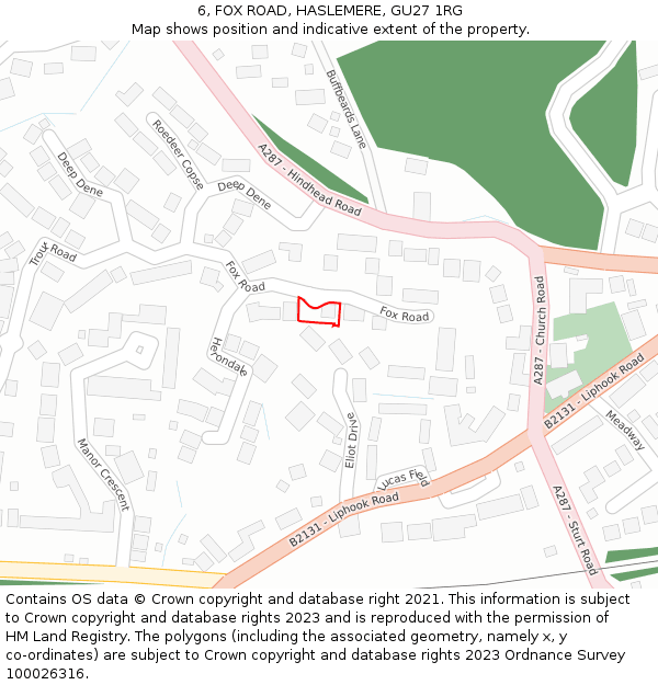 6, FOX ROAD, HASLEMERE, GU27 1RG: Location map and indicative extent of plot