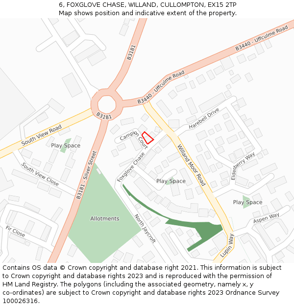 6, FOXGLOVE CHASE, WILLAND, CULLOMPTON, EX15 2TP: Location map and indicative extent of plot