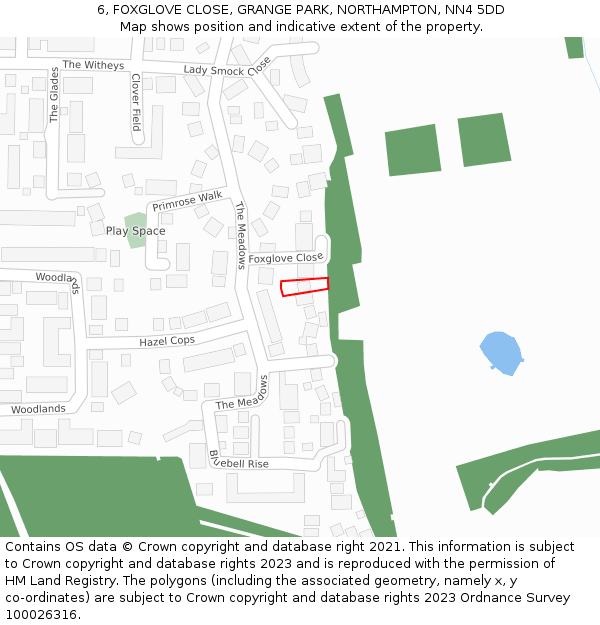 6, FOXGLOVE CLOSE, GRANGE PARK, NORTHAMPTON, NN4 5DD: Location map and indicative extent of plot