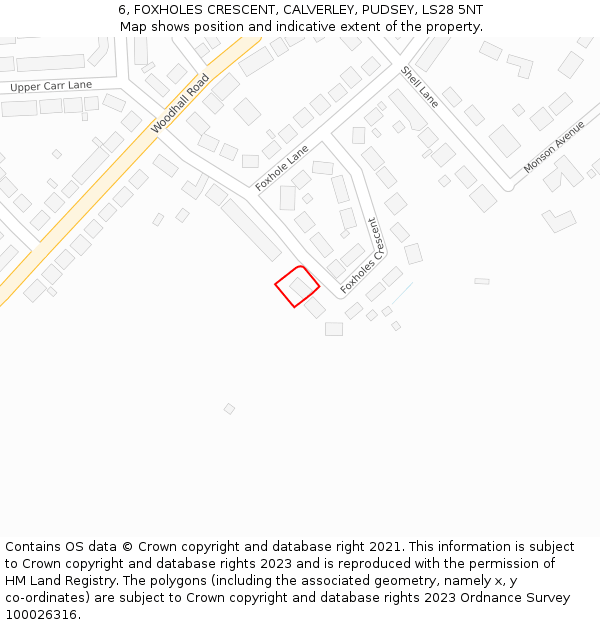 6, FOXHOLES CRESCENT, CALVERLEY, PUDSEY, LS28 5NT: Location map and indicative extent of plot