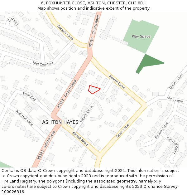 6, FOXHUNTER CLOSE, ASHTON, CHESTER, CH3 8DH: Location map and indicative extent of plot