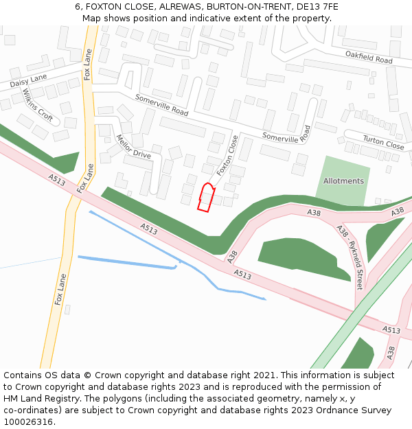6, FOXTON CLOSE, ALREWAS, BURTON-ON-TRENT, DE13 7FE: Location map and indicative extent of plot