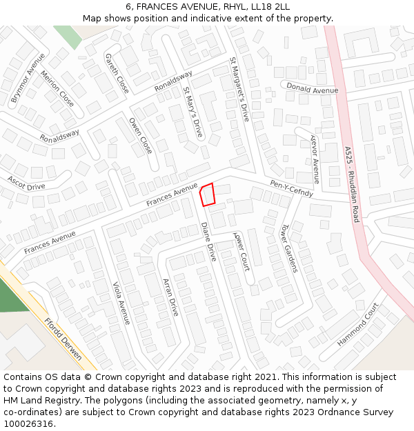 6, FRANCES AVENUE, RHYL, LL18 2LL: Location map and indicative extent of plot