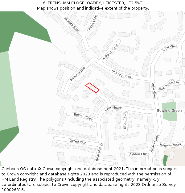 6, FRENSHAM CLOSE, OADBY, LEICESTER, LE2 5WF: Location map and indicative extent of plot