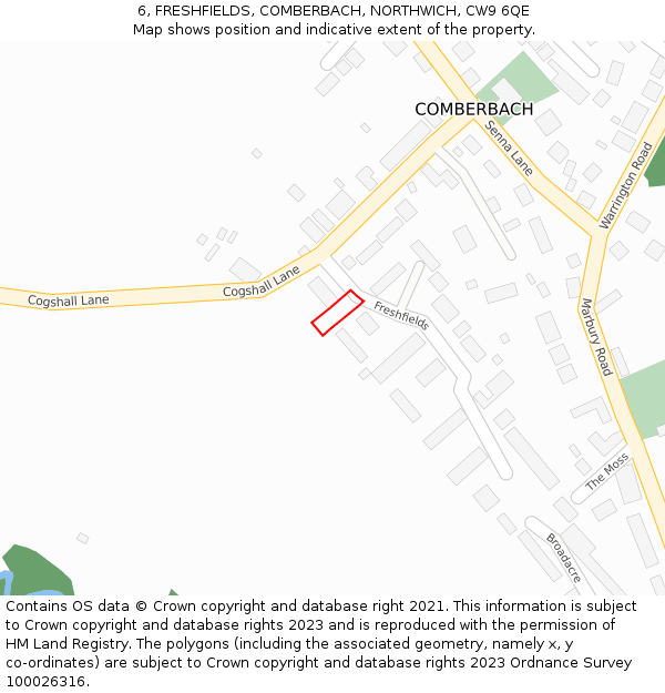 6, FRESHFIELDS, COMBERBACH, NORTHWICH, CW9 6QE: Location map and indicative extent of plot