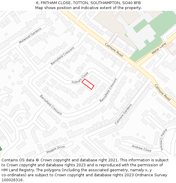 6, FRITHAM CLOSE, TOTTON, SOUTHAMPTON, SO40 8FB: Location map and indicative extent of plot