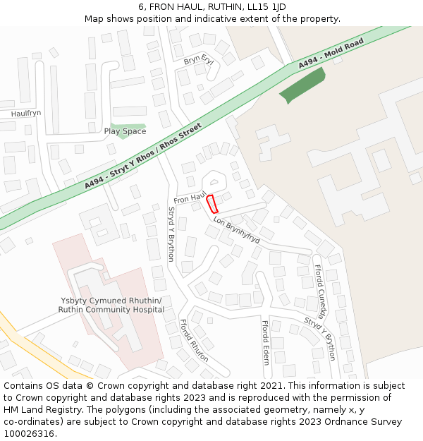 6, FRON HAUL, RUTHIN, LL15 1JD: Location map and indicative extent of plot