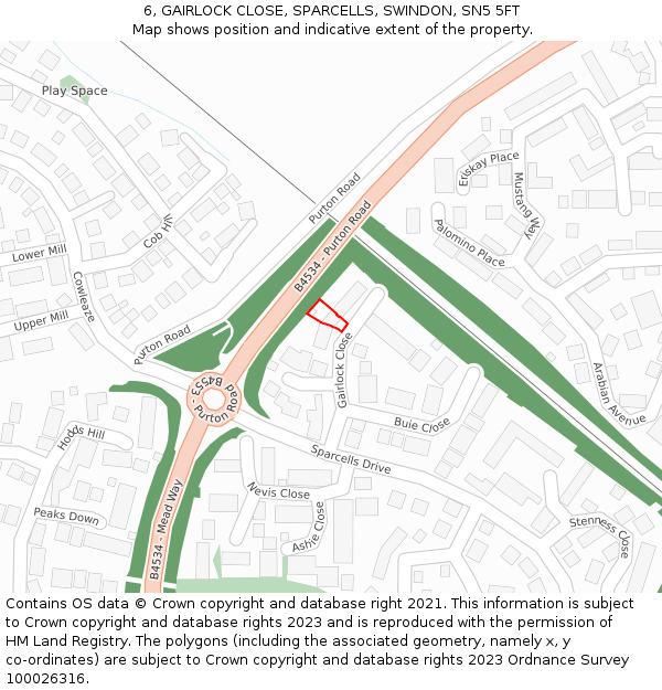 6, GAIRLOCK CLOSE, SPARCELLS, SWINDON, SN5 5FT: Location map and indicative extent of plot
