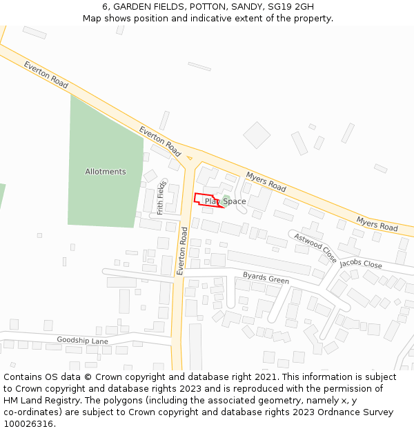 6, GARDEN FIELDS, POTTON, SANDY, SG19 2GH: Location map and indicative extent of plot