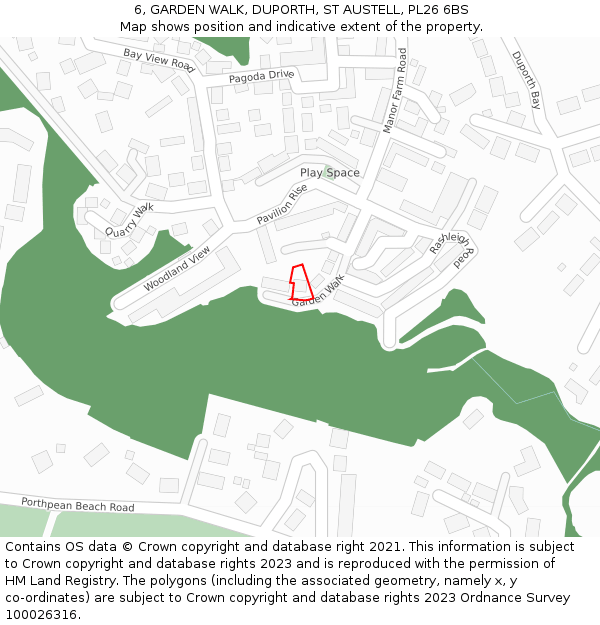 6, GARDEN WALK, DUPORTH, ST AUSTELL, PL26 6BS: Location map and indicative extent of plot