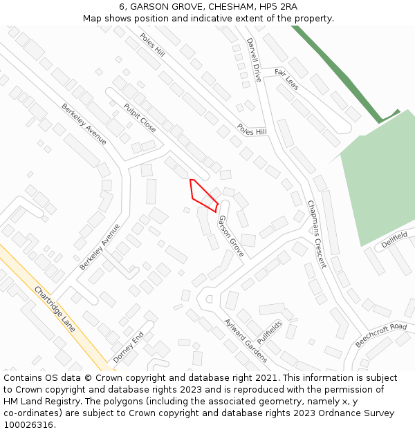6, GARSON GROVE, CHESHAM, HP5 2RA: Location map and indicative extent of plot
