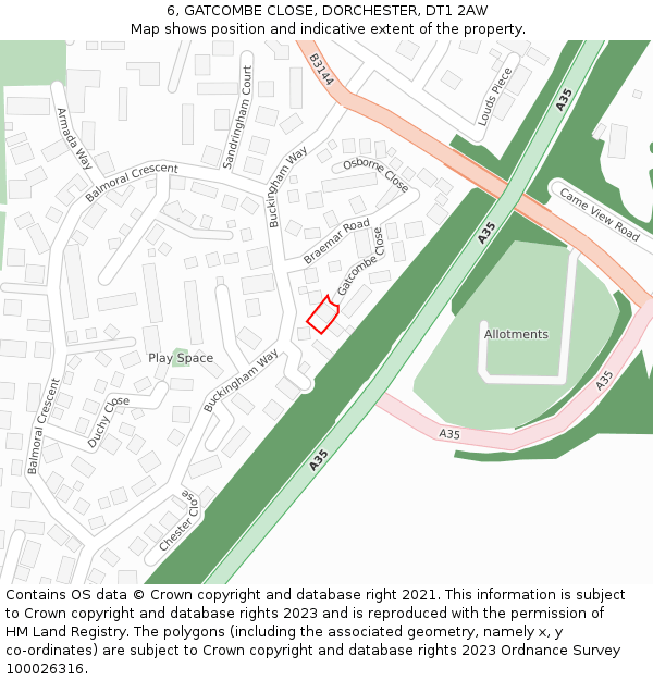 6, GATCOMBE CLOSE, DORCHESTER, DT1 2AW: Location map and indicative extent of plot