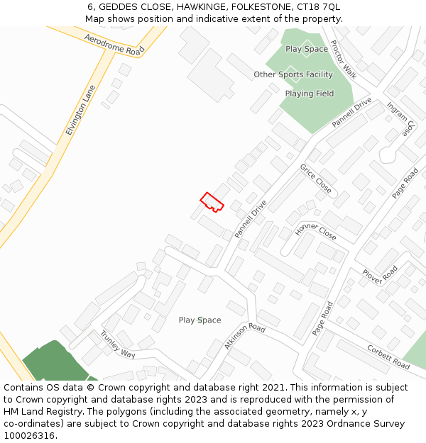 6, GEDDES CLOSE, HAWKINGE, FOLKESTONE, CT18 7QL: Location map and indicative extent of plot