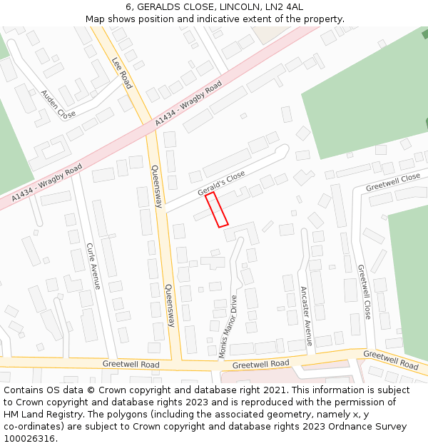 6, GERALDS CLOSE, LINCOLN, LN2 4AL: Location map and indicative extent of plot