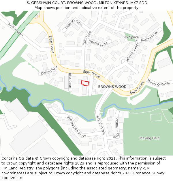 6, GERSHWIN COURT, BROWNS WOOD, MILTON KEYNES, MK7 8DD: Location map and indicative extent of plot