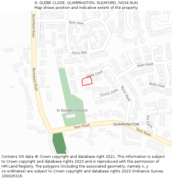 6, GLEBE CLOSE, QUARRINGTON, SLEAFORD, NG34 8UN: Location map and indicative extent of plot