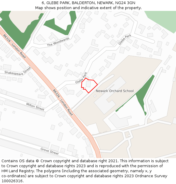 6, GLEBE PARK, BALDERTON, NEWARK, NG24 3GN: Location map and indicative extent of plot