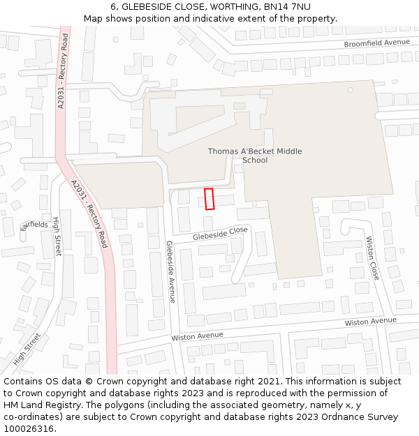 6, GLEBESIDE CLOSE, WORTHING, BN14 7NU: Location map and indicative extent of plot