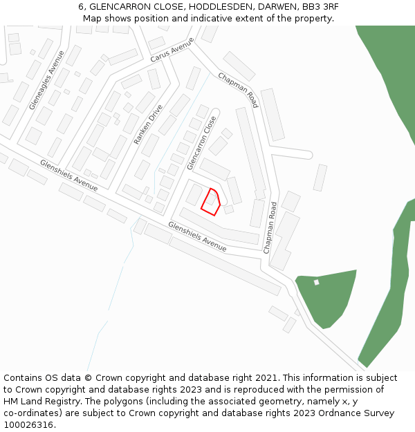 6, GLENCARRON CLOSE, HODDLESDEN, DARWEN, BB3 3RF: Location map and indicative extent of plot