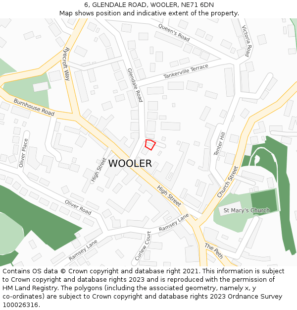 6, GLENDALE ROAD, WOOLER, NE71 6DN: Location map and indicative extent of plot