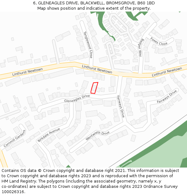 6, GLENEAGLES DRIVE, BLACKWELL, BROMSGROVE, B60 1BD: Location map and indicative extent of plot