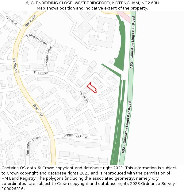 6, GLENRIDDING CLOSE, WEST BRIDGFORD, NOTTINGHAM, NG2 6RU: Location map and indicative extent of plot