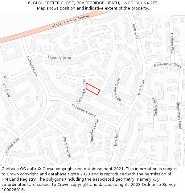 6, GLOUCESTER CLOSE, BRACEBRIDGE HEATH, LINCOLN, LN4 2TB: Location map and indicative extent of plot