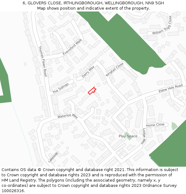 6, GLOVERS CLOSE, IRTHLINGBOROUGH, WELLINGBOROUGH, NN9 5GH: Location map and indicative extent of plot