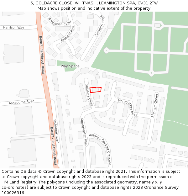6, GOLDACRE CLOSE, WHITNASH, LEAMINGTON SPA, CV31 2TW: Location map and indicative extent of plot