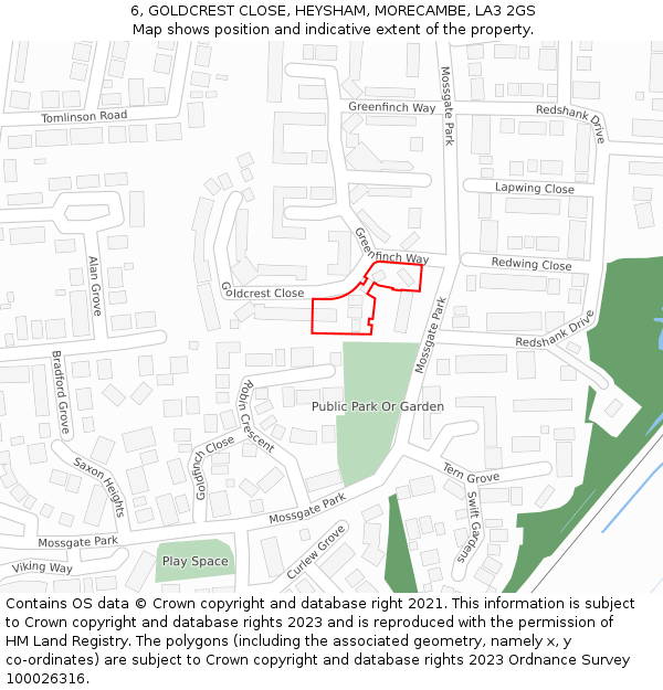 6, GOLDCREST CLOSE, HEYSHAM, MORECAMBE, LA3 2GS: Location map and indicative extent of plot