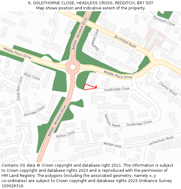 6, GOLDTHORNE CLOSE, HEADLESS CROSS, REDDITCH, B97 5GT: Location map and indicative extent of plot